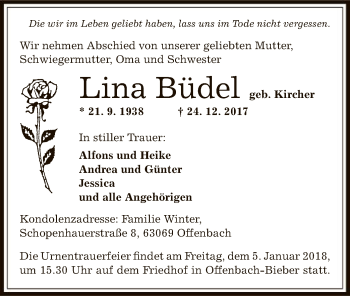 Traueranzeige von Lina Büdel von Offenbach