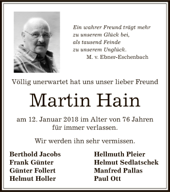 Traueranzeige von Martin Hain von Offenbach