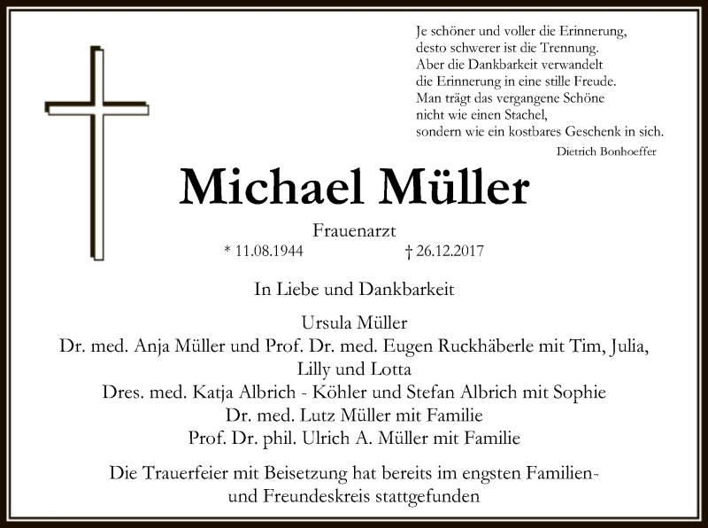  Traueranzeige für Michael Müller vom 27.01.2018 aus Offenbach