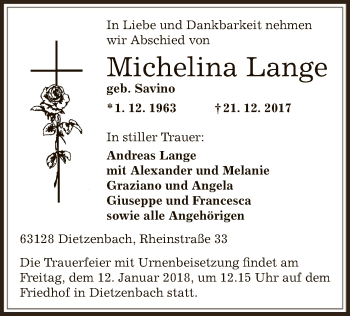 Traueranzeige von Michelina Lange von Offenbach