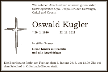 Traueranzeige von Oswald Kugler von Offenbach