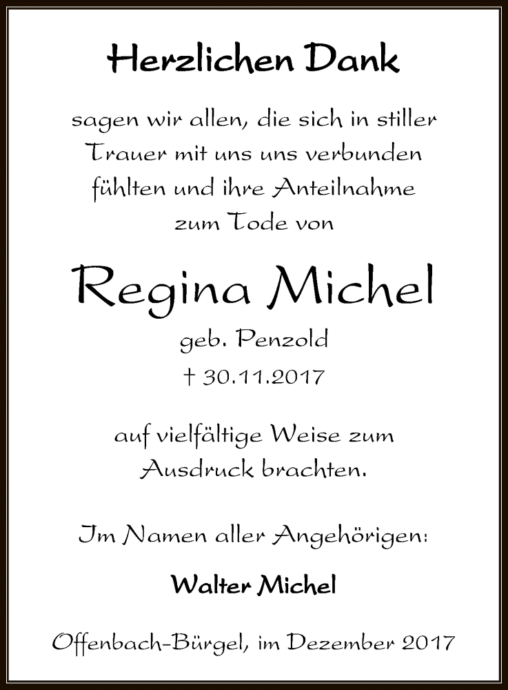  Traueranzeige für Regina Michel vom 30.12.2017 aus Offenbach