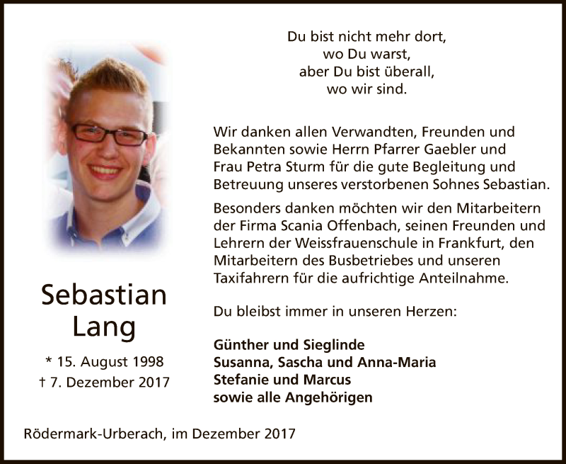  Traueranzeige für Sebastian Lang vom 04.01.2018 aus Offenbach