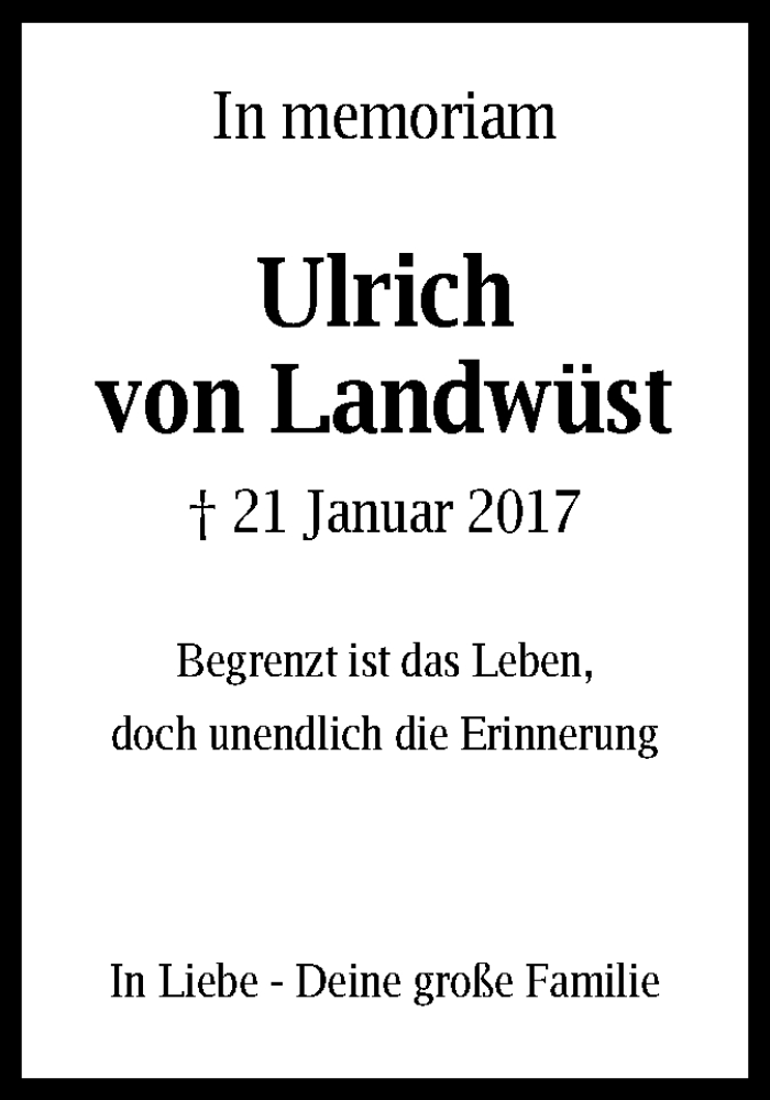  Traueranzeige für Ulrich von Landwüst vom 19.01.2018 aus Offenbach