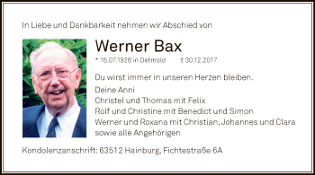 Traueranzeige von Werner Bax von Offenbach