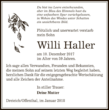 Traueranzeige von Willi Haller von Offenbach