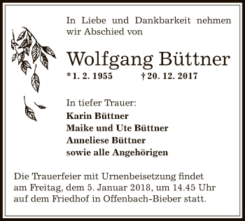 Traueranzeige von Wolfgang Büttner von Offenbach