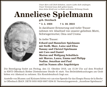 Traueranzeige von Anneliese Spielmann von Offenbach