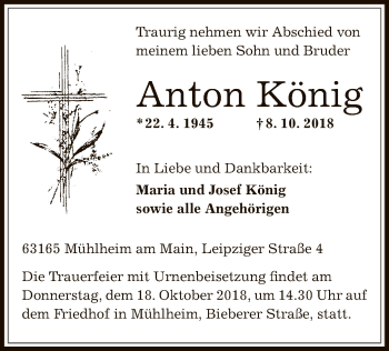 Traueranzeige von Anton König von Offenbach