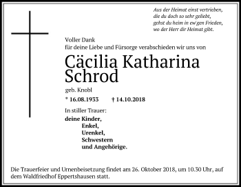 Traueranzeige von Cäcilia Katharina Schrod von Offenbach