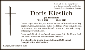 Traueranzeige von Doris Kieslich von Offenbach
