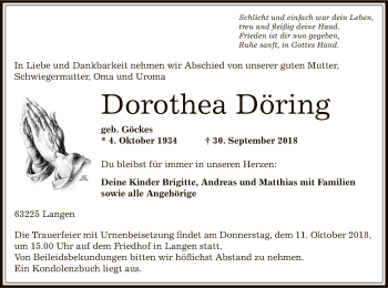 Traueranzeige von Dorothea Döring von Offenbach