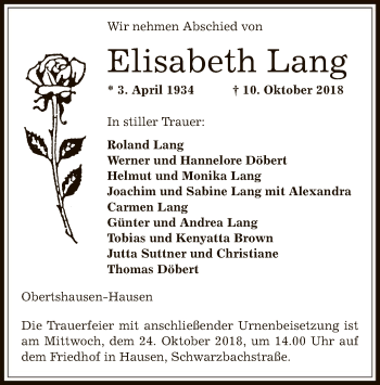 Traueranzeige von Elisabeth Lang von Offenbach