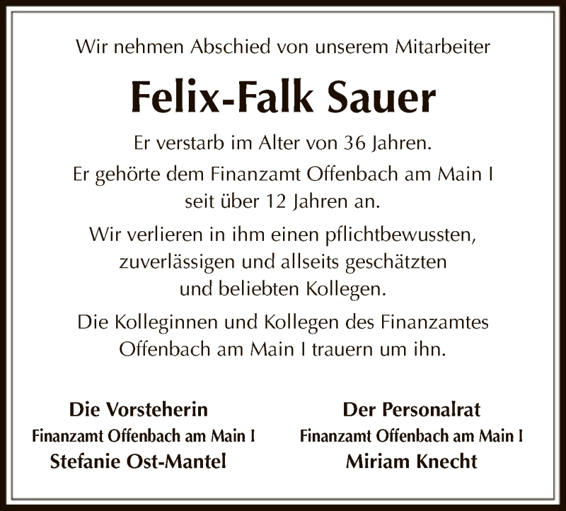  Traueranzeige für Felix-Falk Sauer vom 25.10.2018 aus Offenbach