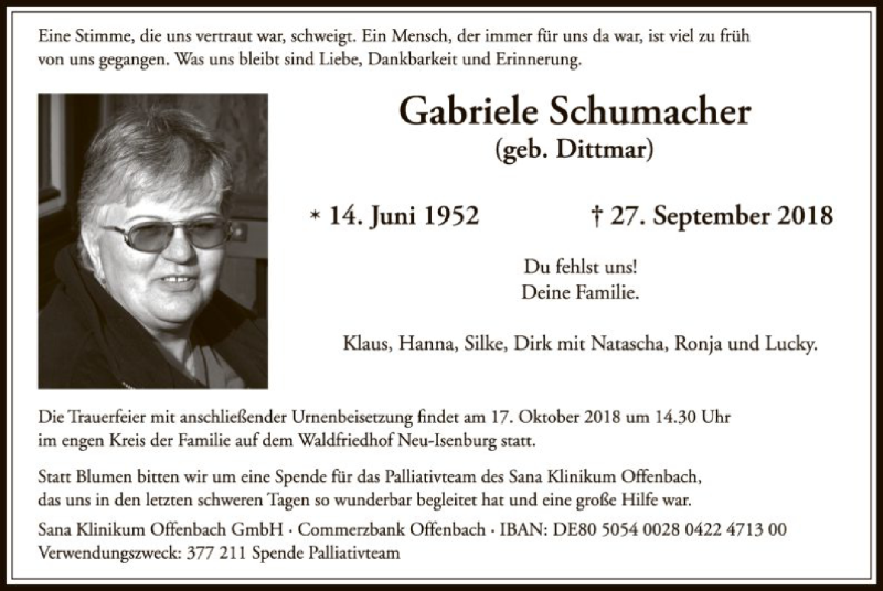  Traueranzeige für Gabriele Schumacher vom 04.10.2018 aus Offenbach