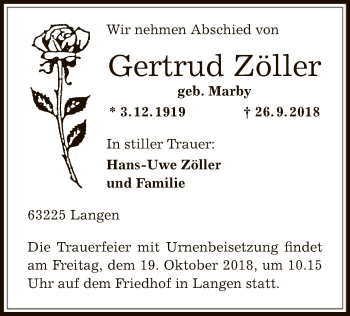 Traueranzeige von Gertrud Zöller von Offenbach