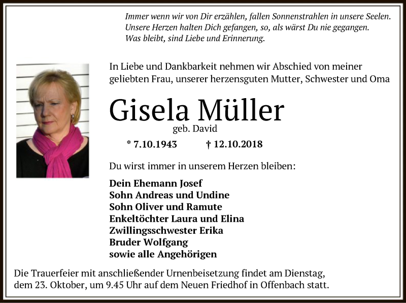  Traueranzeige für Gisela Müller vom 20.10.2018 aus Offenbach