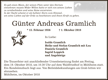 Traueranzeige von Günter Andreas Gramlich von Offenbach