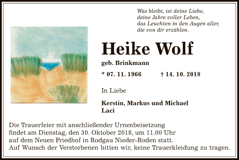  Traueranzeige für Heike Wolf vom 27.10.2018 aus Offenbach