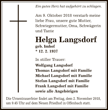 Traueranzeige von Helga Langsdorf von Offenbach