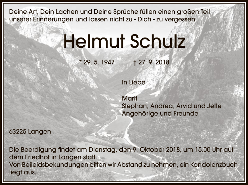  Traueranzeige für Helmut Schulz vom 05.10.2018 aus Offenbach