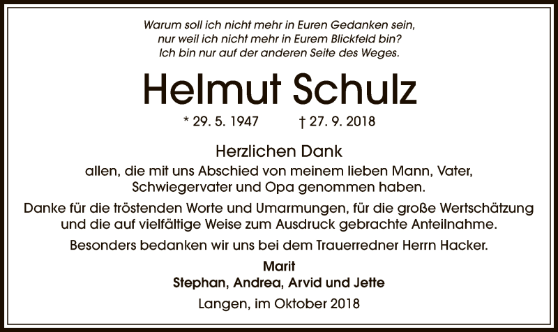  Traueranzeige für Helmut Schulz vom 25.10.2018 aus Offenbach