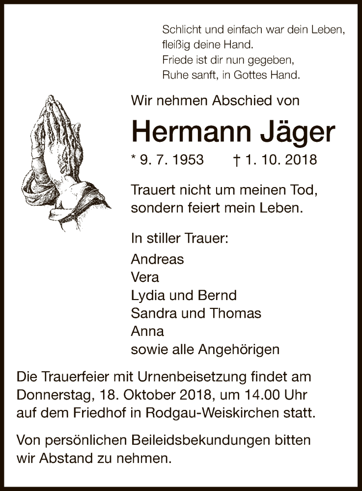  Traueranzeige für Hermann Jäger vom 13.10.2018 aus Offenbach