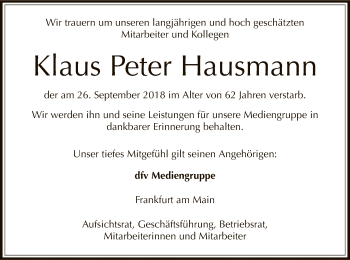 Traueranzeige von Klaus Peter Hausmann von Offenbach