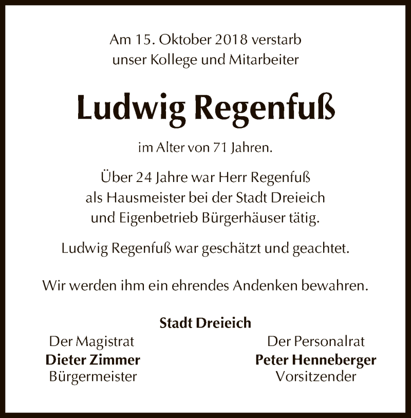  Traueranzeige für Ludwig Regenfuß vom 25.10.2018 aus Offenbach