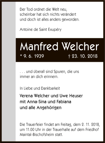 Traueranzeige von Manfred Welcher von Offenbach