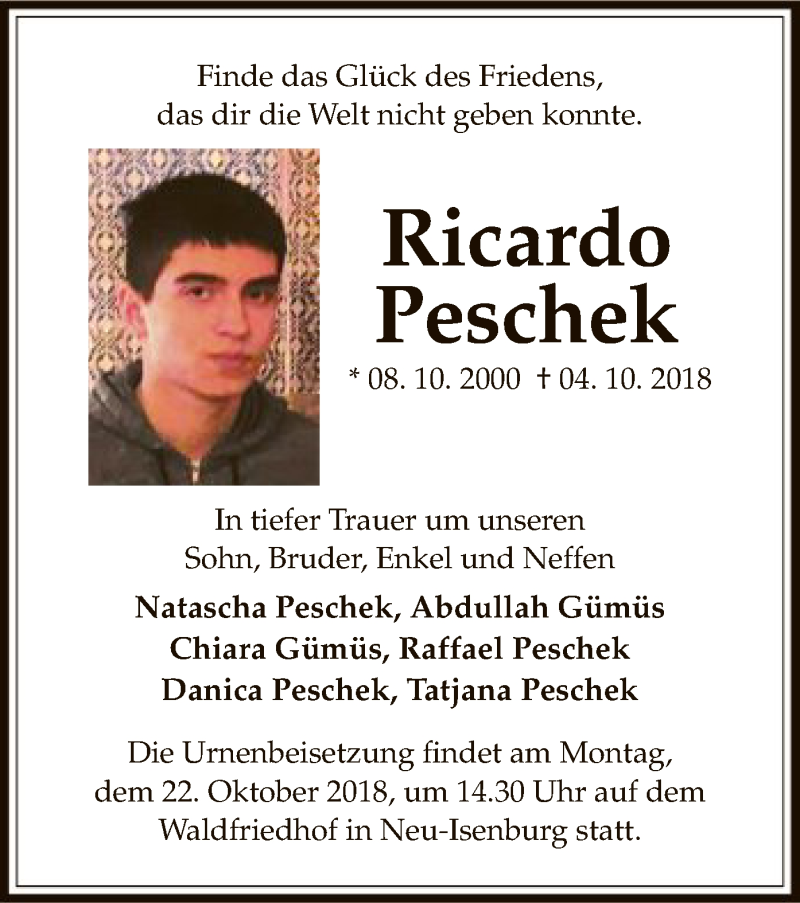  Traueranzeige für Ricardo Peschek vom 18.10.2018 aus Offenbach