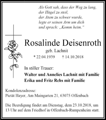 Traueranzeige von Rosalinde Deisenroth von Offenbach