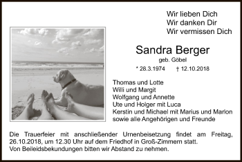 Traueranzeige von Sandra Berger von Offenbach