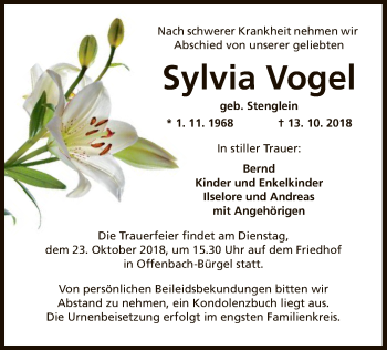 Traueranzeige von Sylvia Vogel von Offenbach