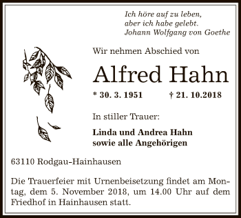 Traueranzeige von Alfred Hahn von Offenbach