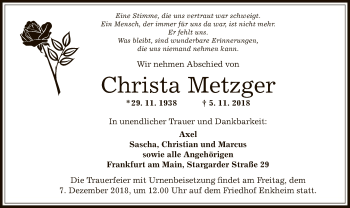 Traueranzeige von Christa Metzger von Offenbach