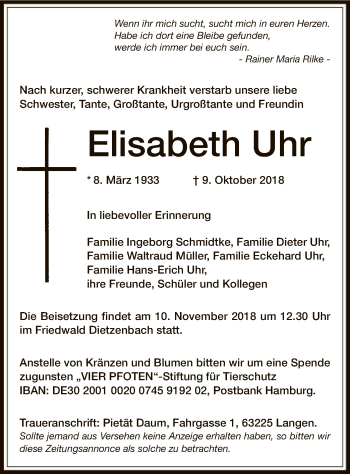 Traueranzeige von Elisabeth Uhr von Offenbach