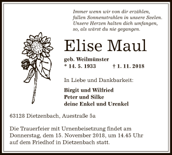 Traueranzeige von Elise Maul von Offenbach