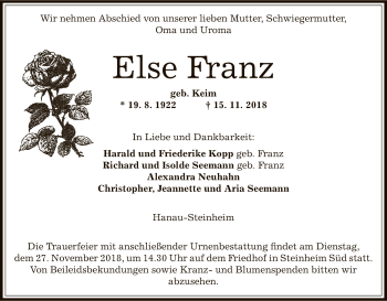 Traueranzeige von Else Franz von Offenbach