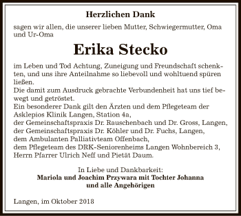 Traueranzeige von Erika Stecko von Offenbach