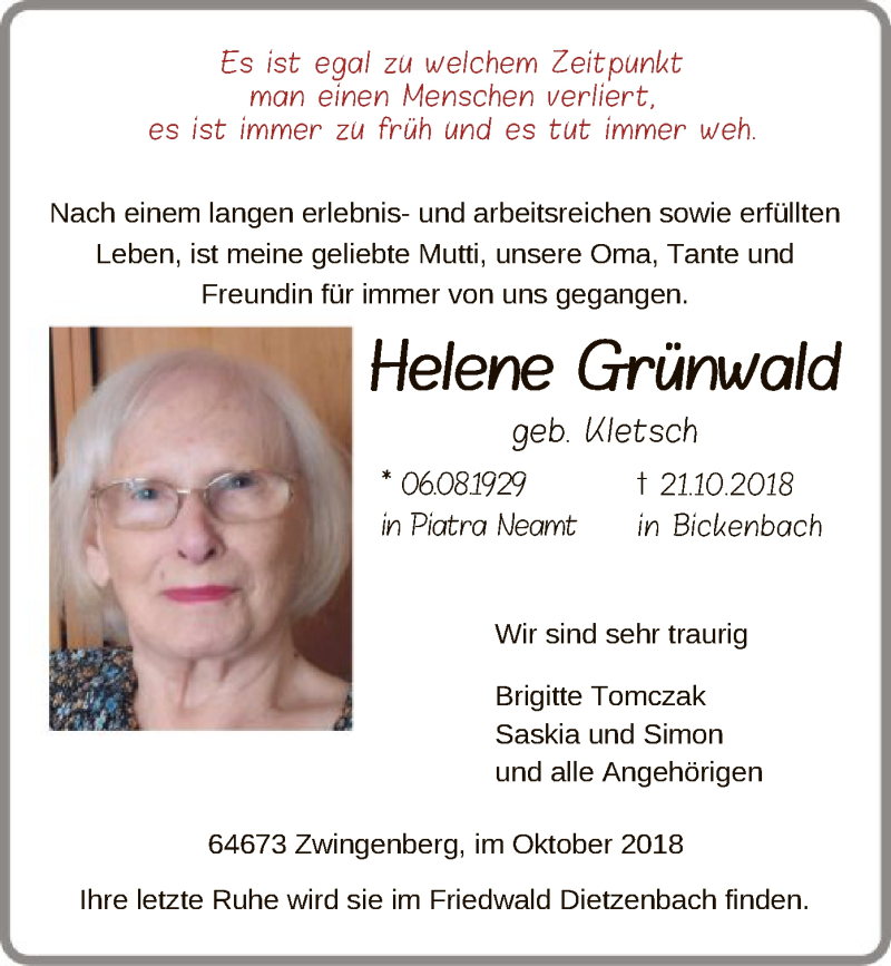  Traueranzeige für Helene Grünwald vom 10.11.2018 aus Offenbach