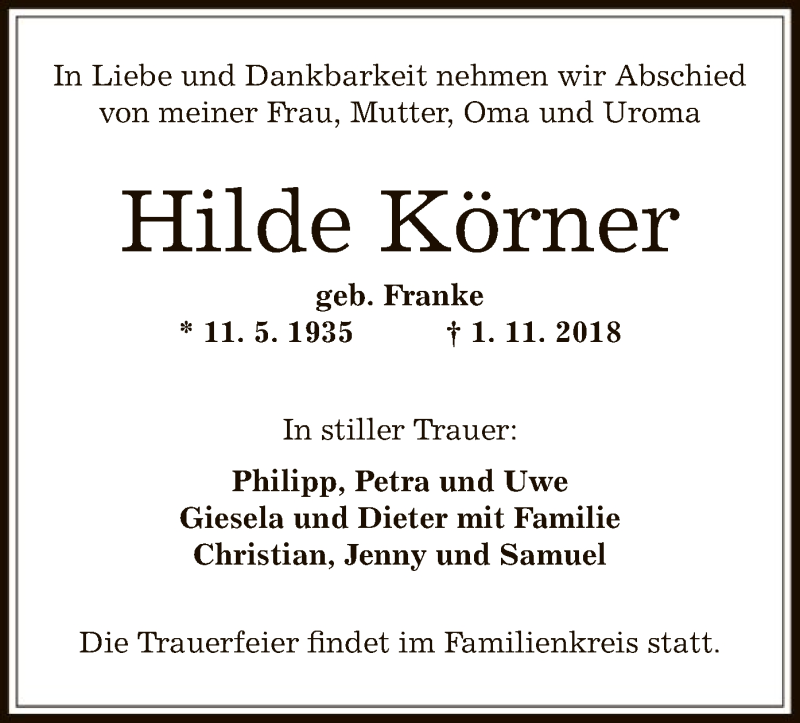  Traueranzeige für Hilde Körner vom 08.11.2018 aus Offenbach
