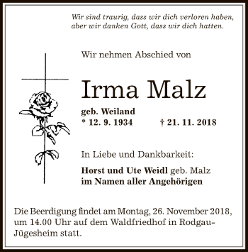 Traueranzeige von Irma Malz von Offenbach