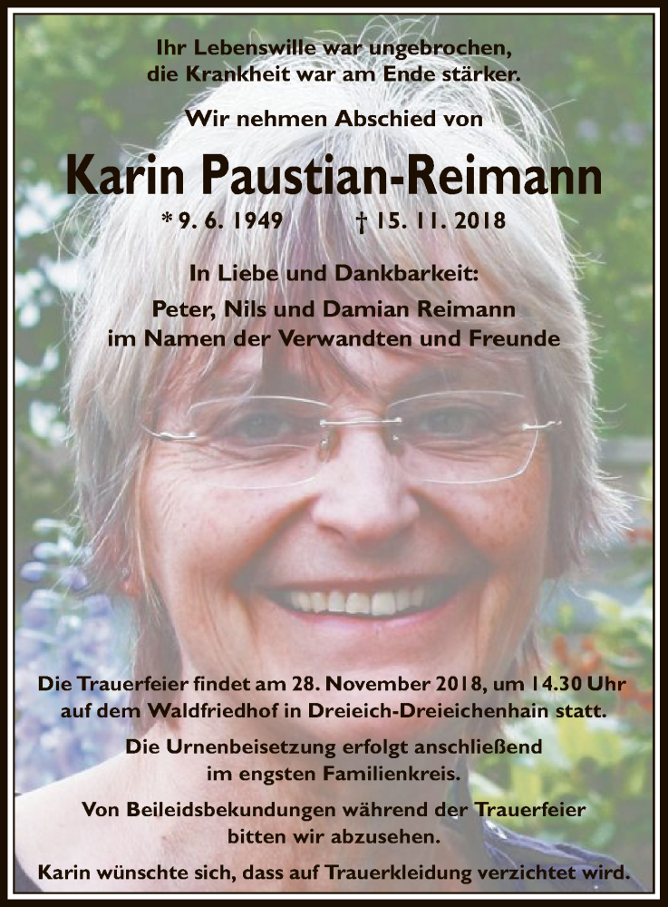 Traueranzeige für Karin Paustian-Reimann vom 23.11.2018 aus Offenbach