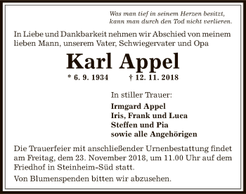 Traueranzeige von Karl Appel von Offenbach