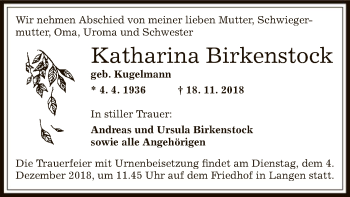 Traueranzeige von Katharina Birkenstock von Offenbach