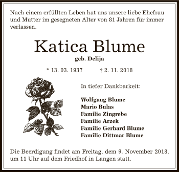 Traueranzeige von Katica Blume von Offenbach