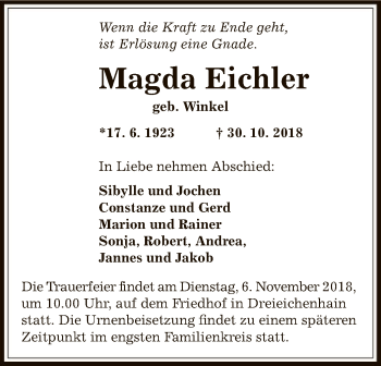 Traueranzeige von Magda Eichler von Offenbach