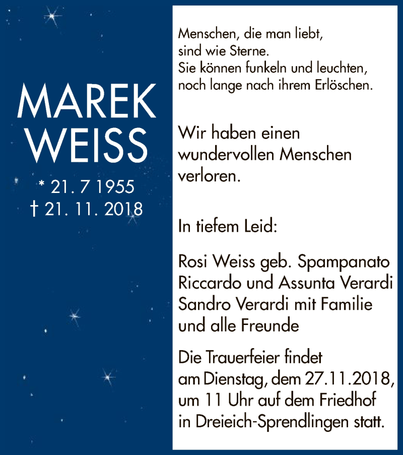  Traueranzeige für Marek Weiss vom 24.11.2018 aus Offenbach