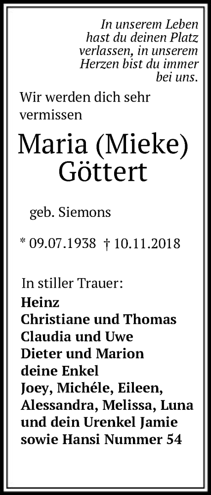  Traueranzeige für Maria Göttert vom 17.11.2018 aus Offenbach